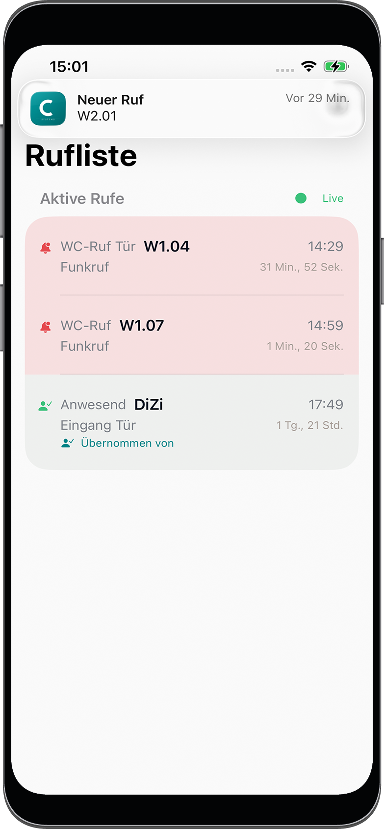 ZELO App Rufliste + Push-Meldung